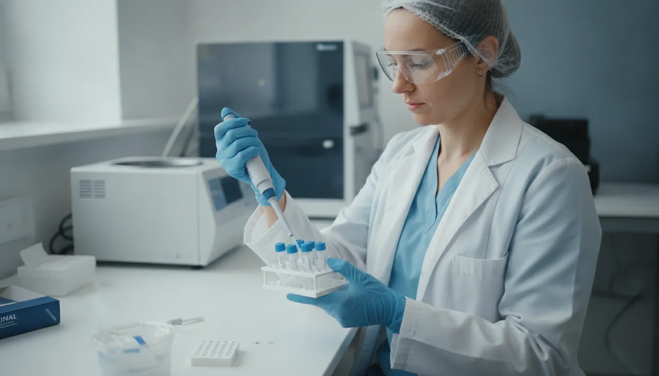 Tecnico di laboratorio durante l'analisi genetica di campioni biologici